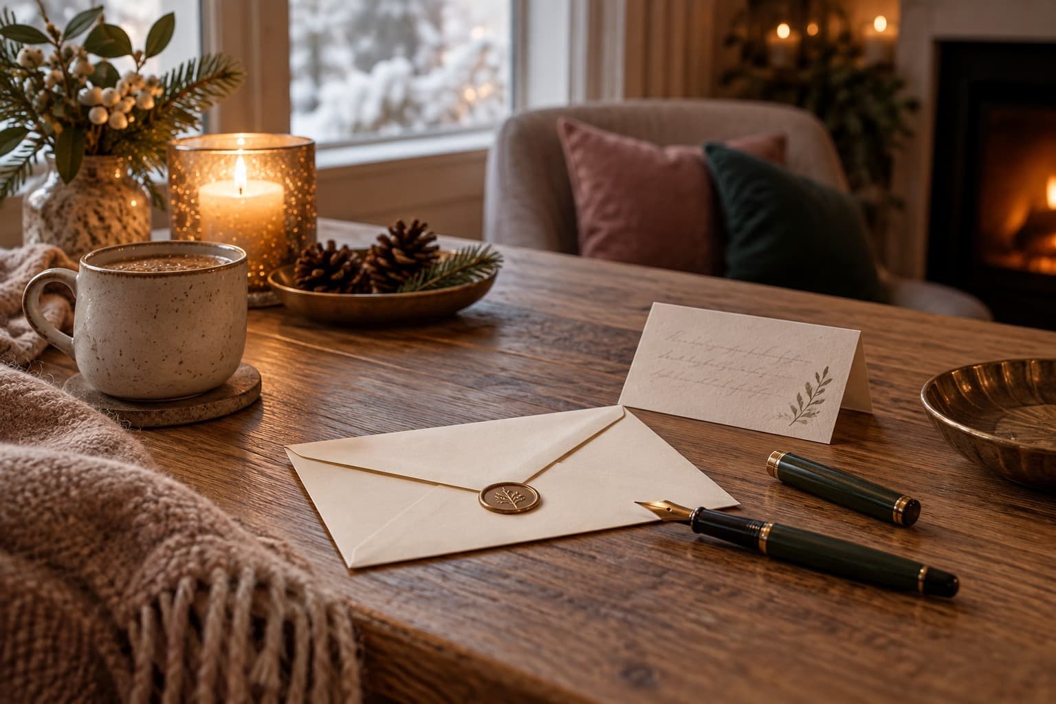 A cream envelope, fountain pen and folded note on a table.