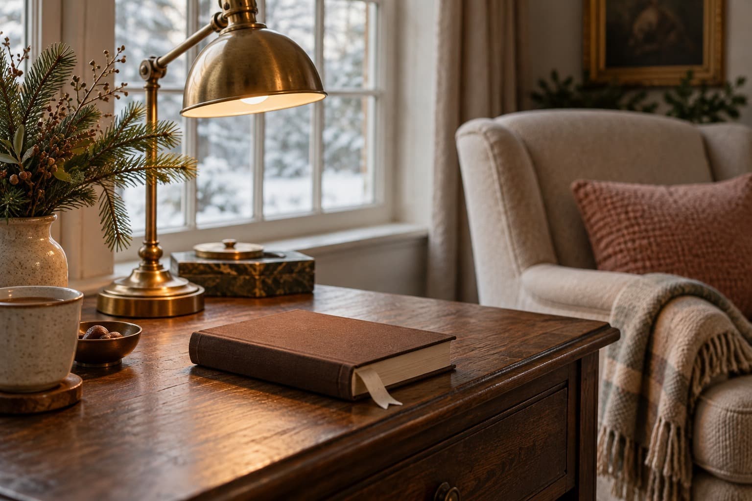 A closed book with a paper bookmark beside a reading lamp.