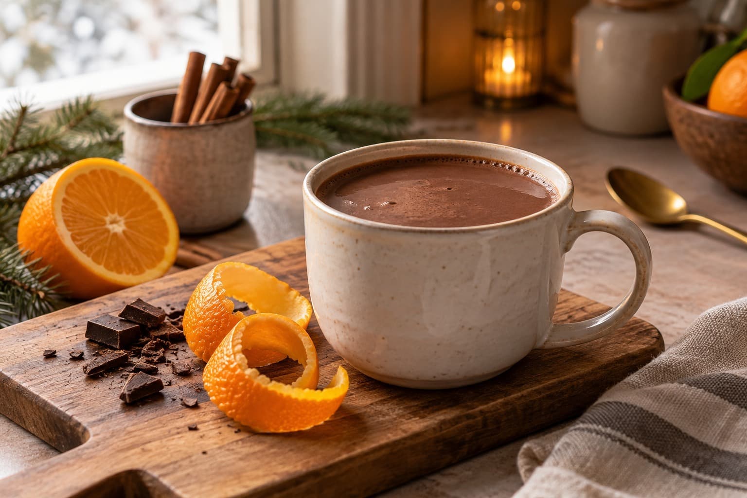 A mug of hot chocolate beside orange peel and dark chocolate.