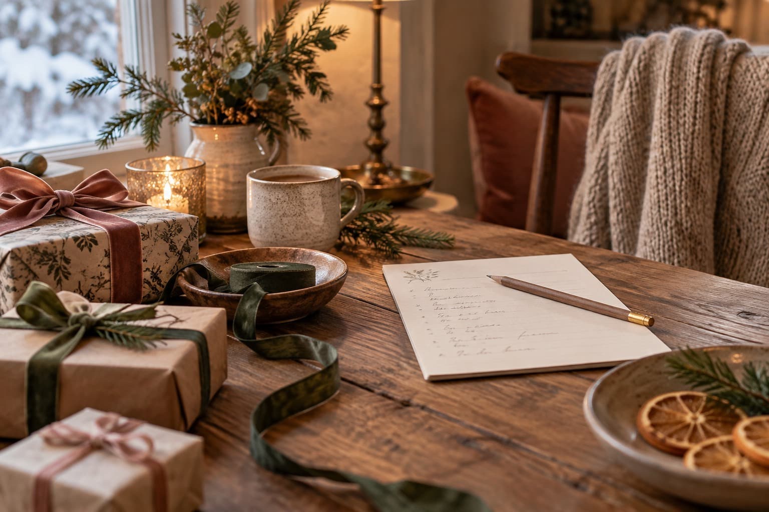 A gift-planning note and pencil beside wrapped parcels.