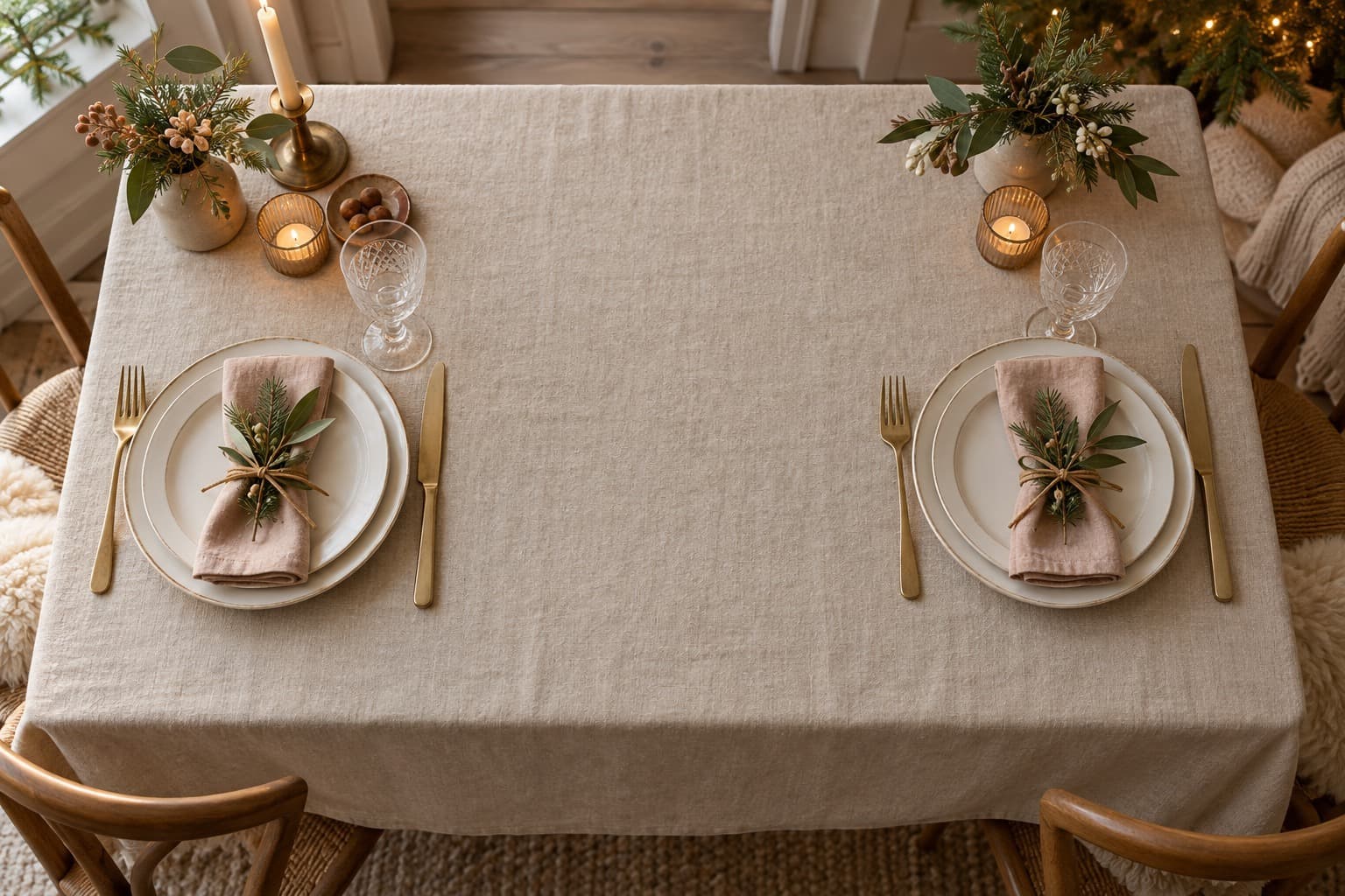 Two porcelain place settings with clear space between them.