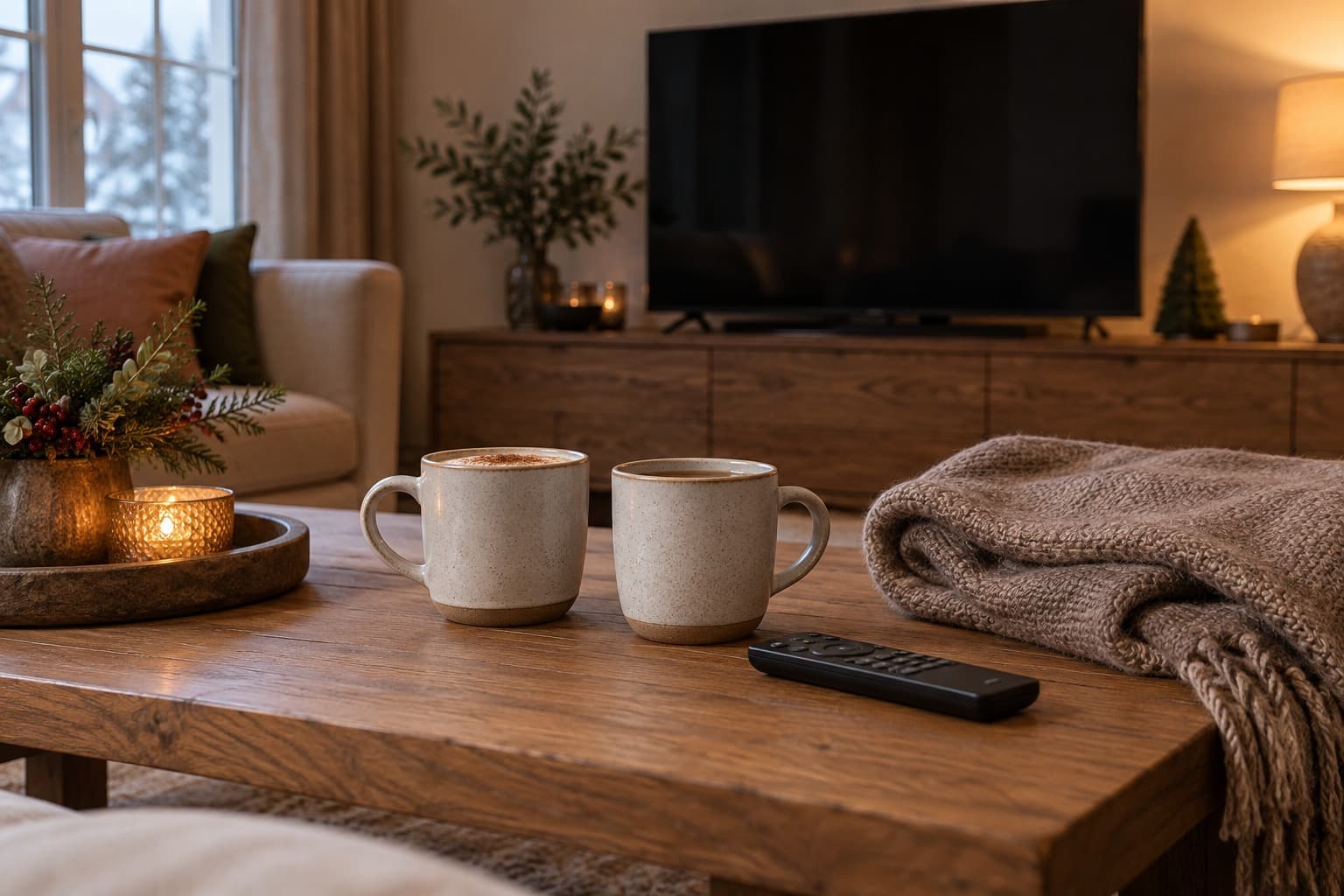 A remote control and two mugs beside a folded blanket.
