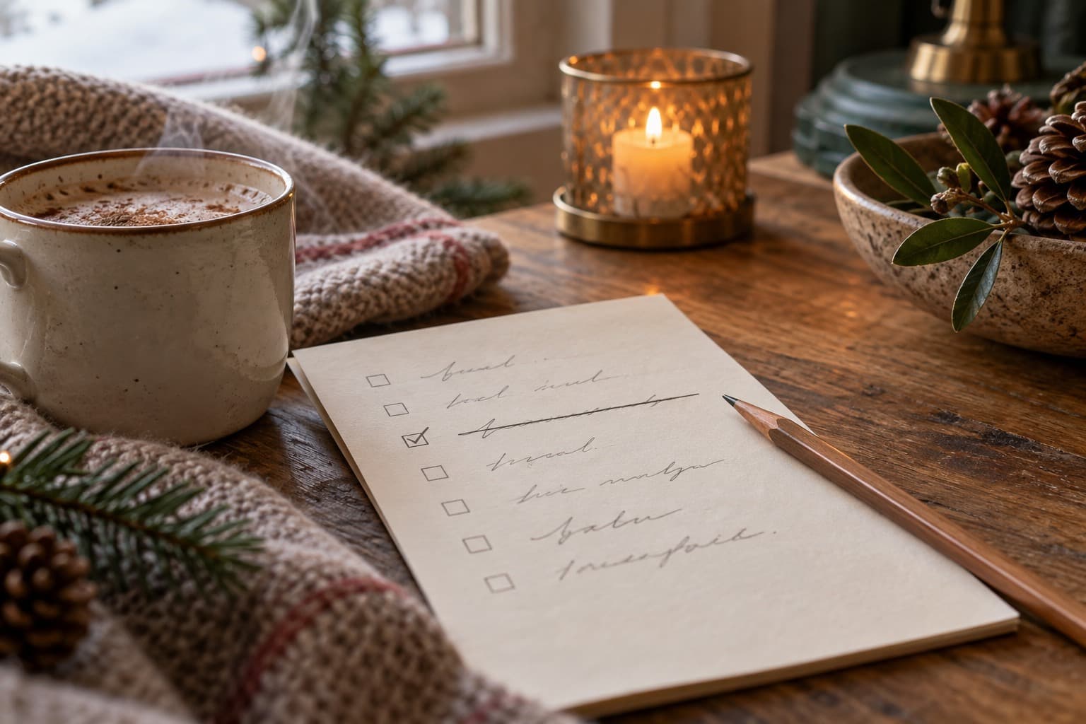 A short checklist with one line crossed out beside a pencil.