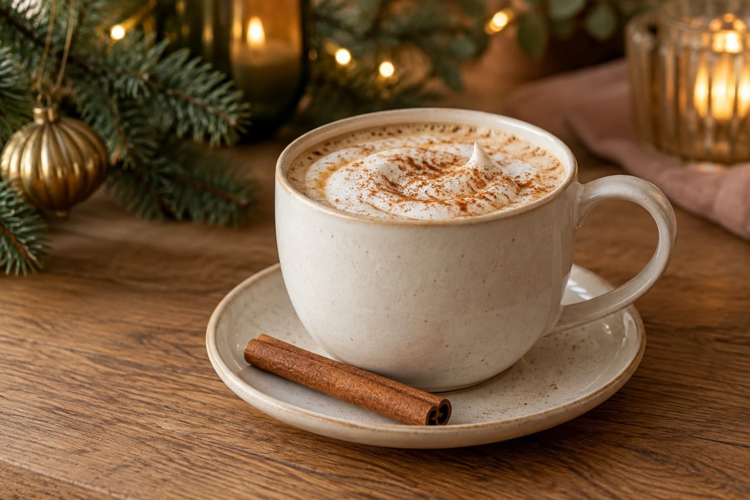 A gingerbread latte on a saucer beside a cinnamon stick.