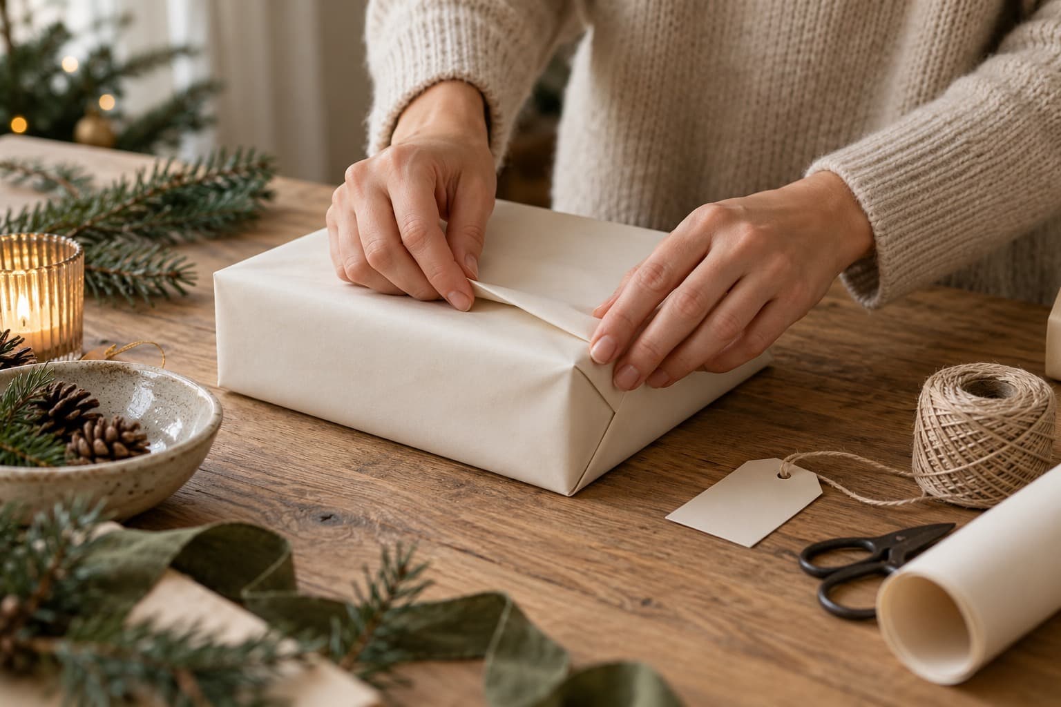 Hands folding paper around a rectangular gift.
