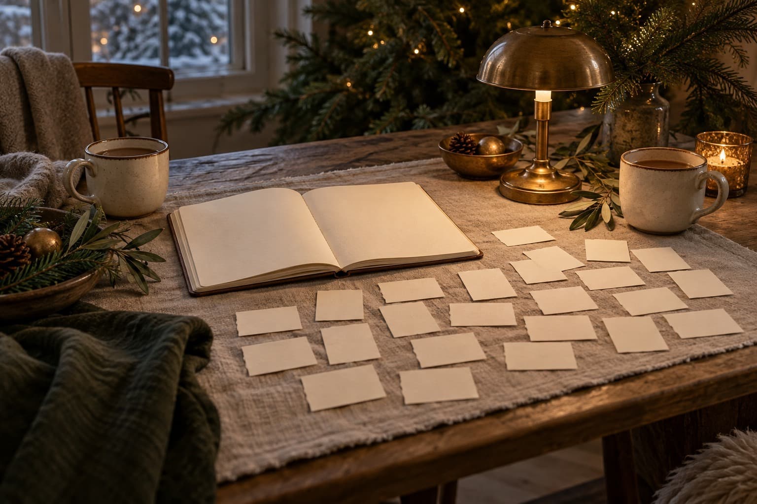 Blank paper slips beside an open notebook and two mugs.