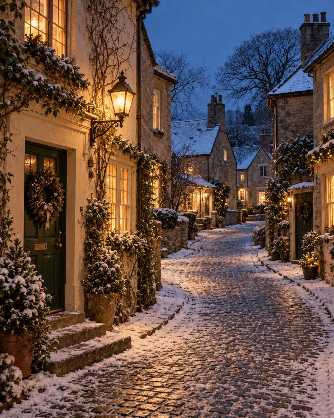 A snowy cobbled village street at dusk with stone cottages, a glowing lantern, wreaths on green doors and warmly lit windows.