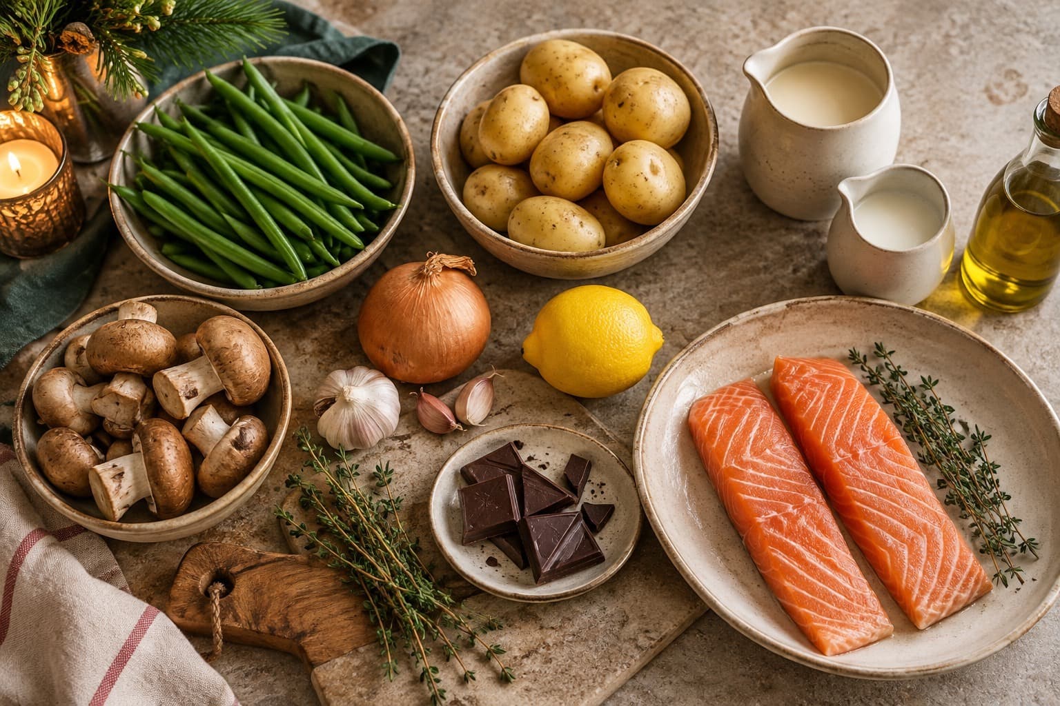Salmon, potatoes, beans, mushrooms, onion, garlic, lemon, thyme, chocolate and dairy jugs.
