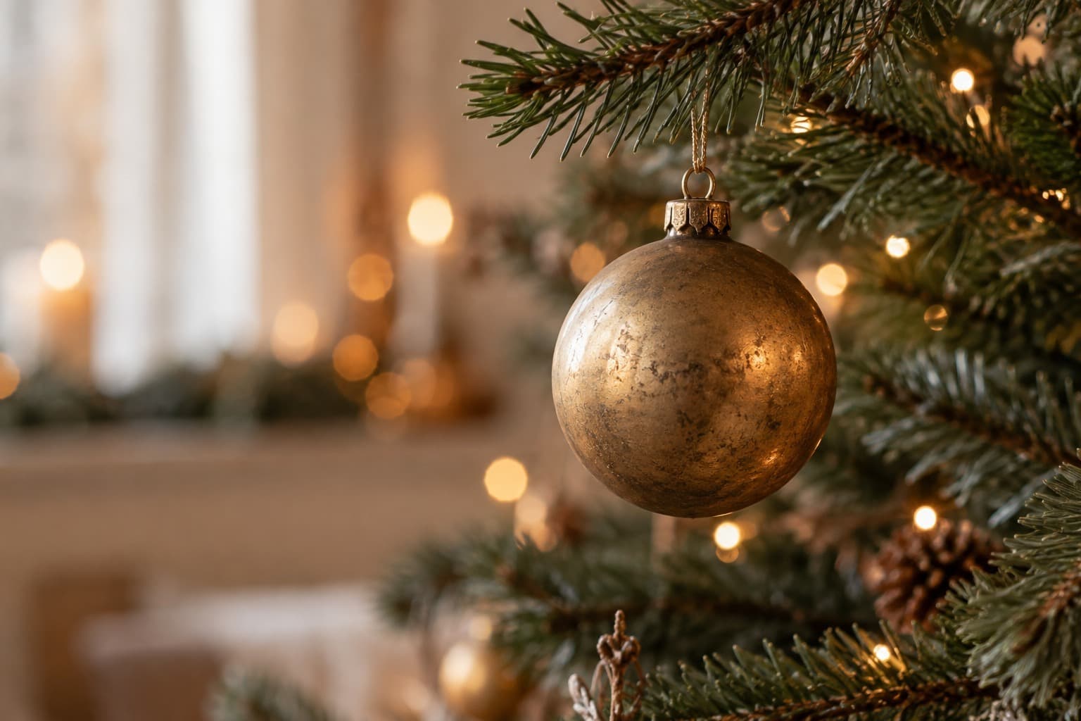 A brass-coloured ornament hanging from a pine branch.