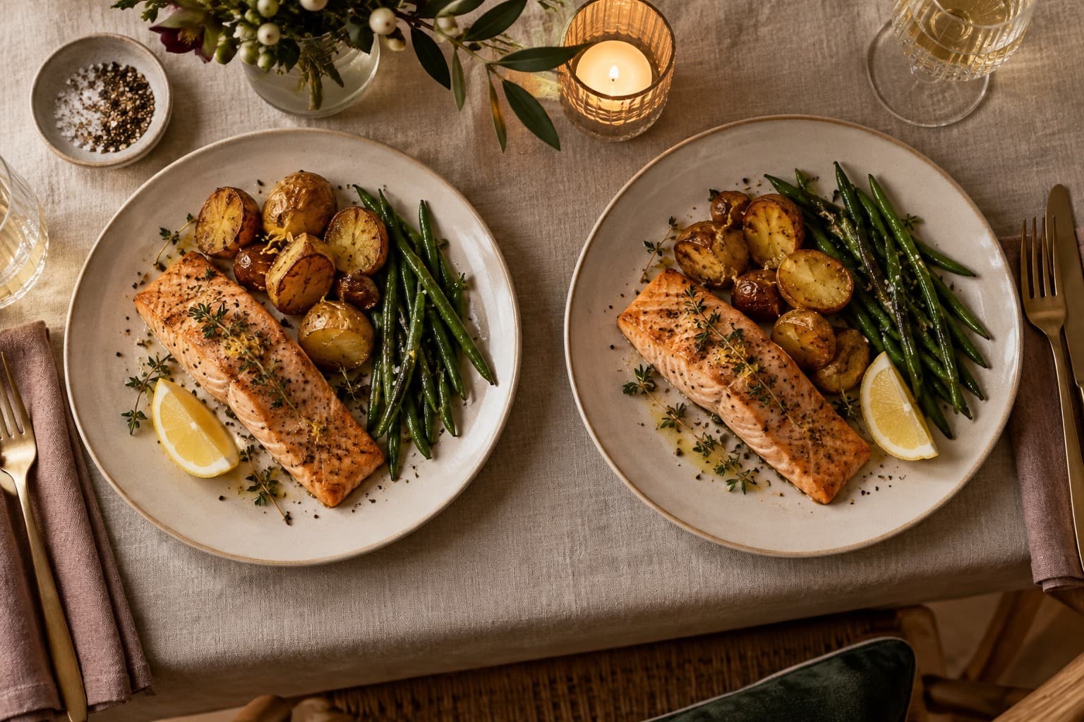 Roast salmon, potatoes and green beans on two plates.