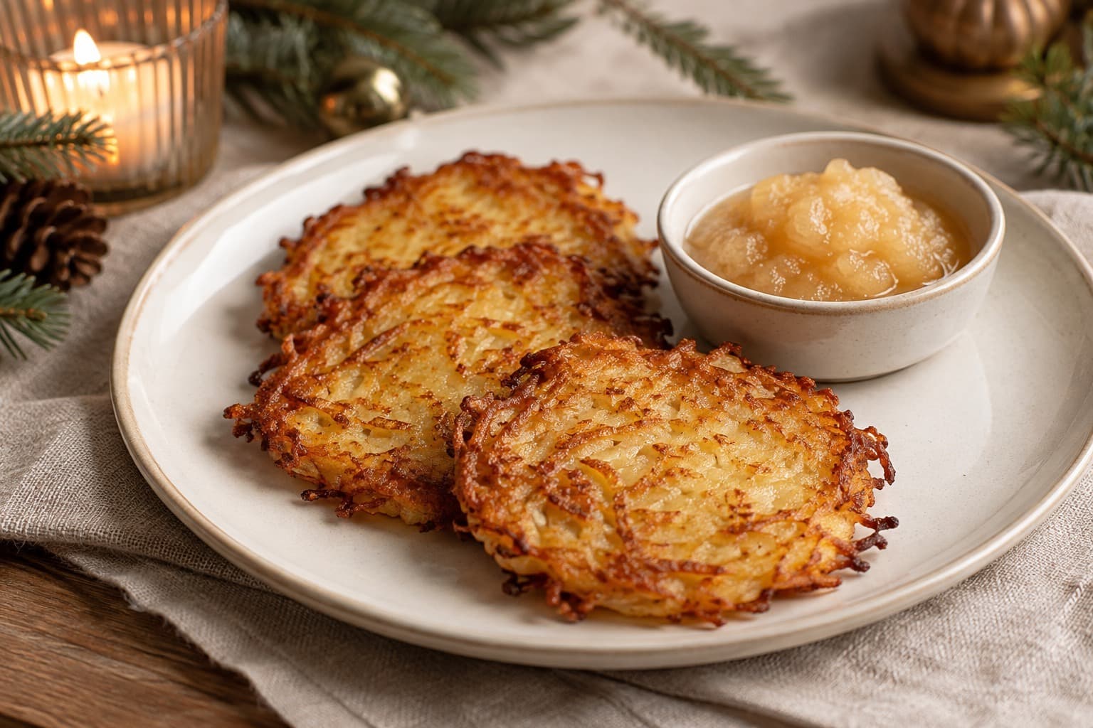 Potato pancakes with apple sauce on a small plate.