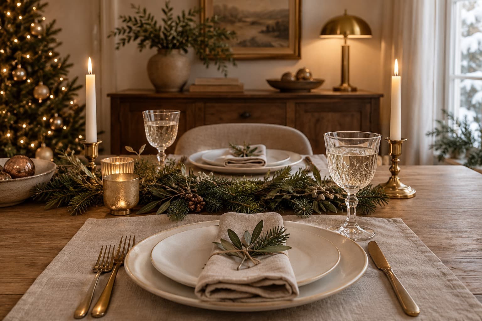 A low table arrangement viewed from a dining chair.