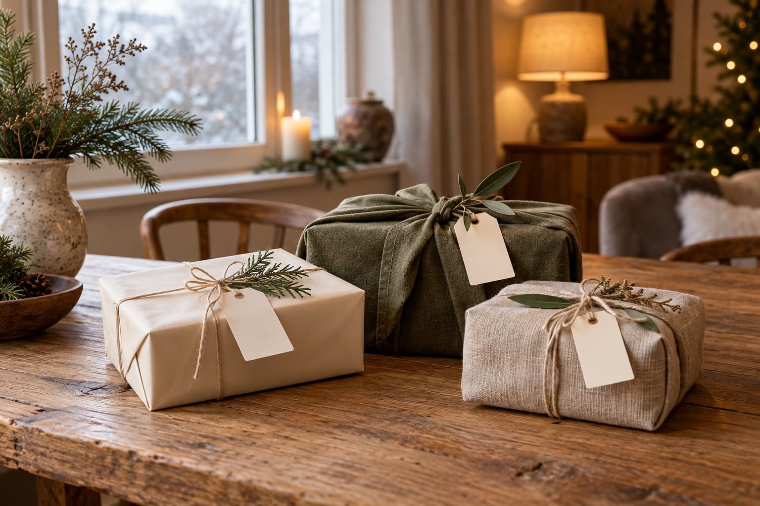 Three parcels wrapped in paper and fabric with blank tags.
