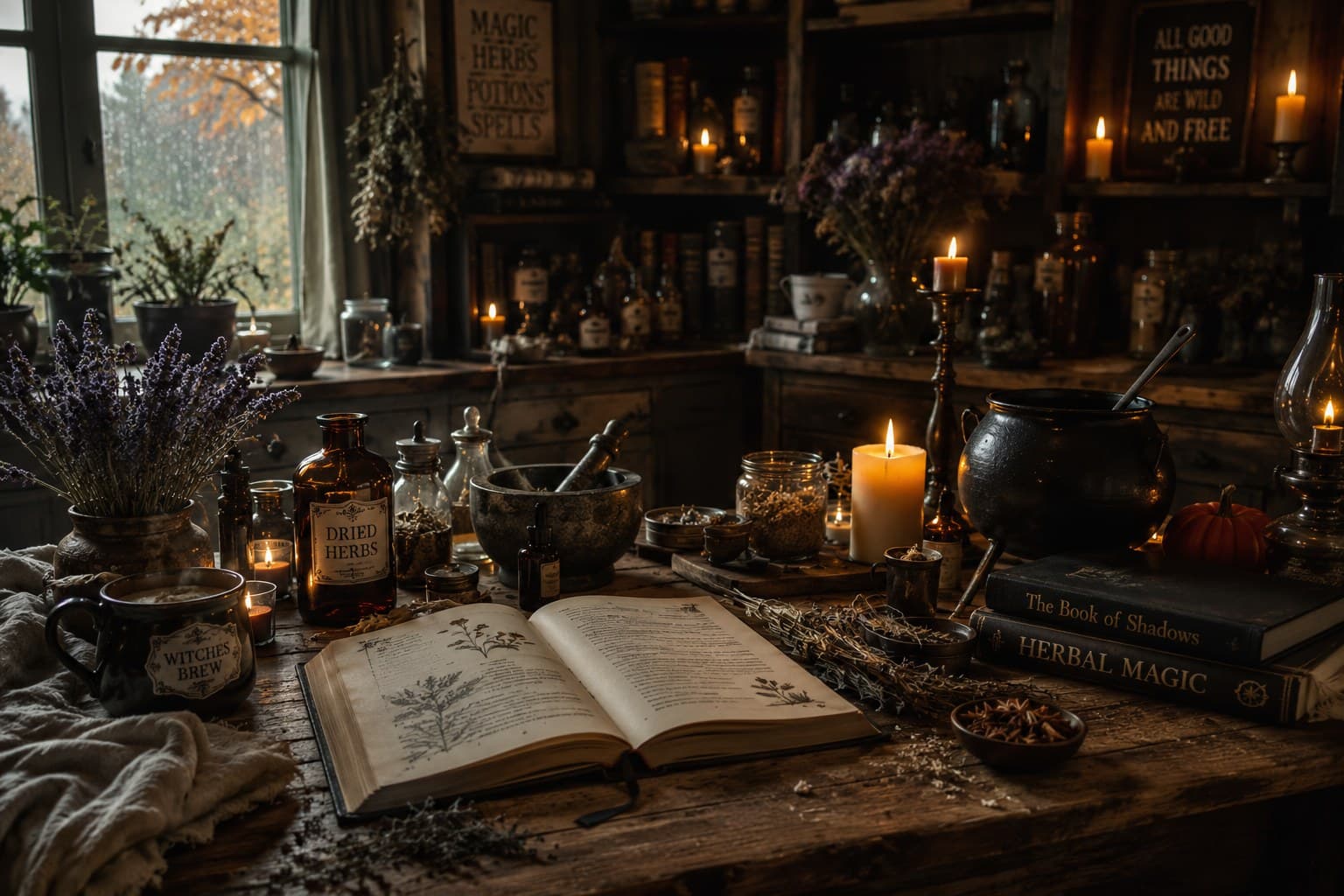A candlelit autumn kitchen styled like an old apothecary, with dried herbs, amber glass bottles, a cauldron and an open botanical book on a wooden table in front of a rain-streaked window.