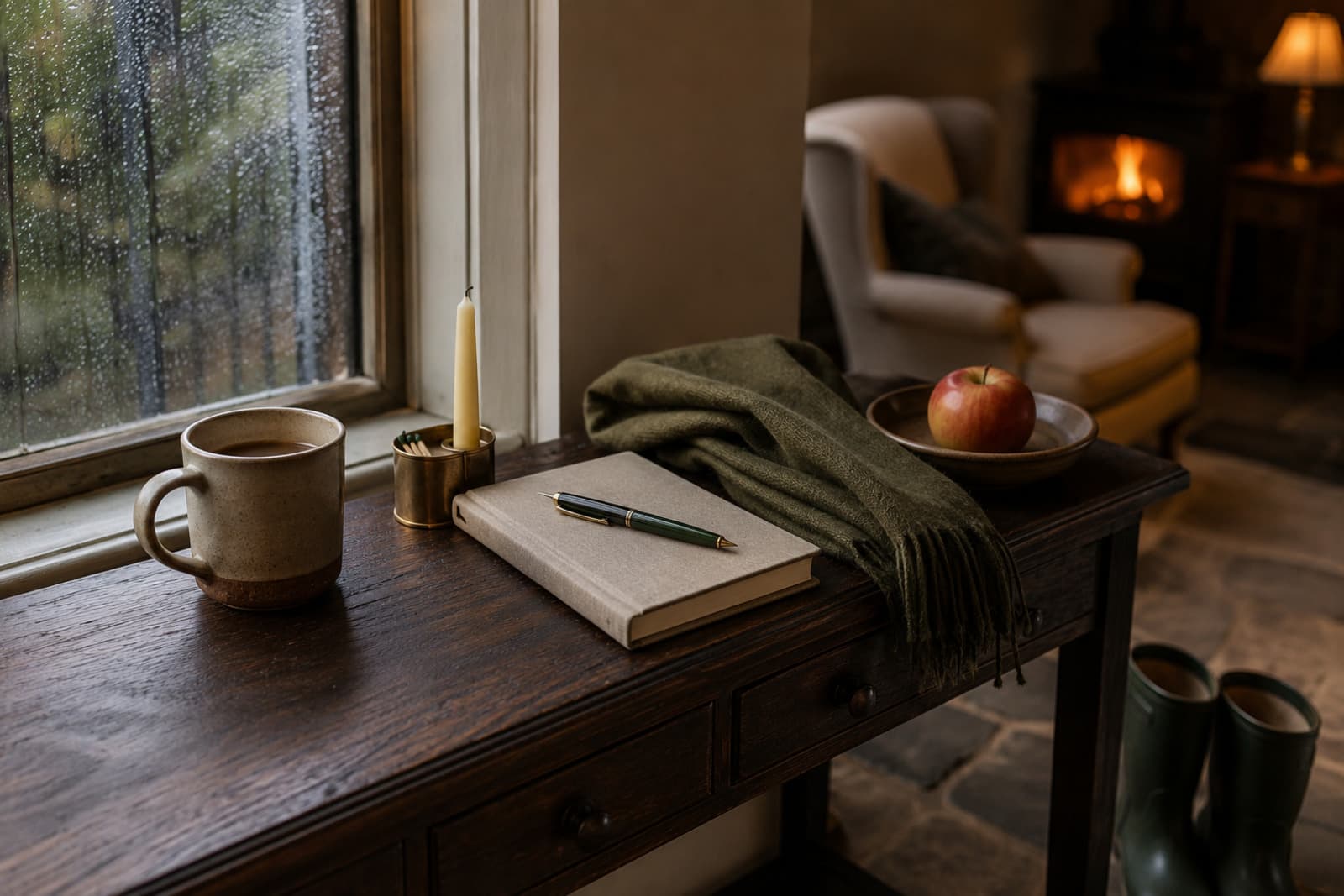 A candle, a cup of coffee and a soft blanket beside a window in early autumn light.