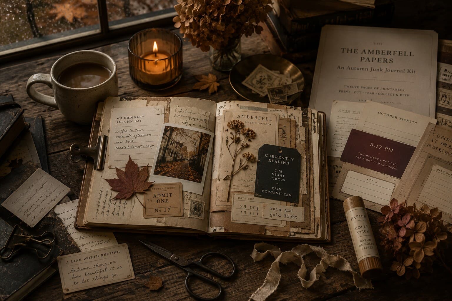 A quiet autumn afternoon at a wooden table with an open notebook, scissors, scraps of paper and a warm drink, ready for junk journaling.
