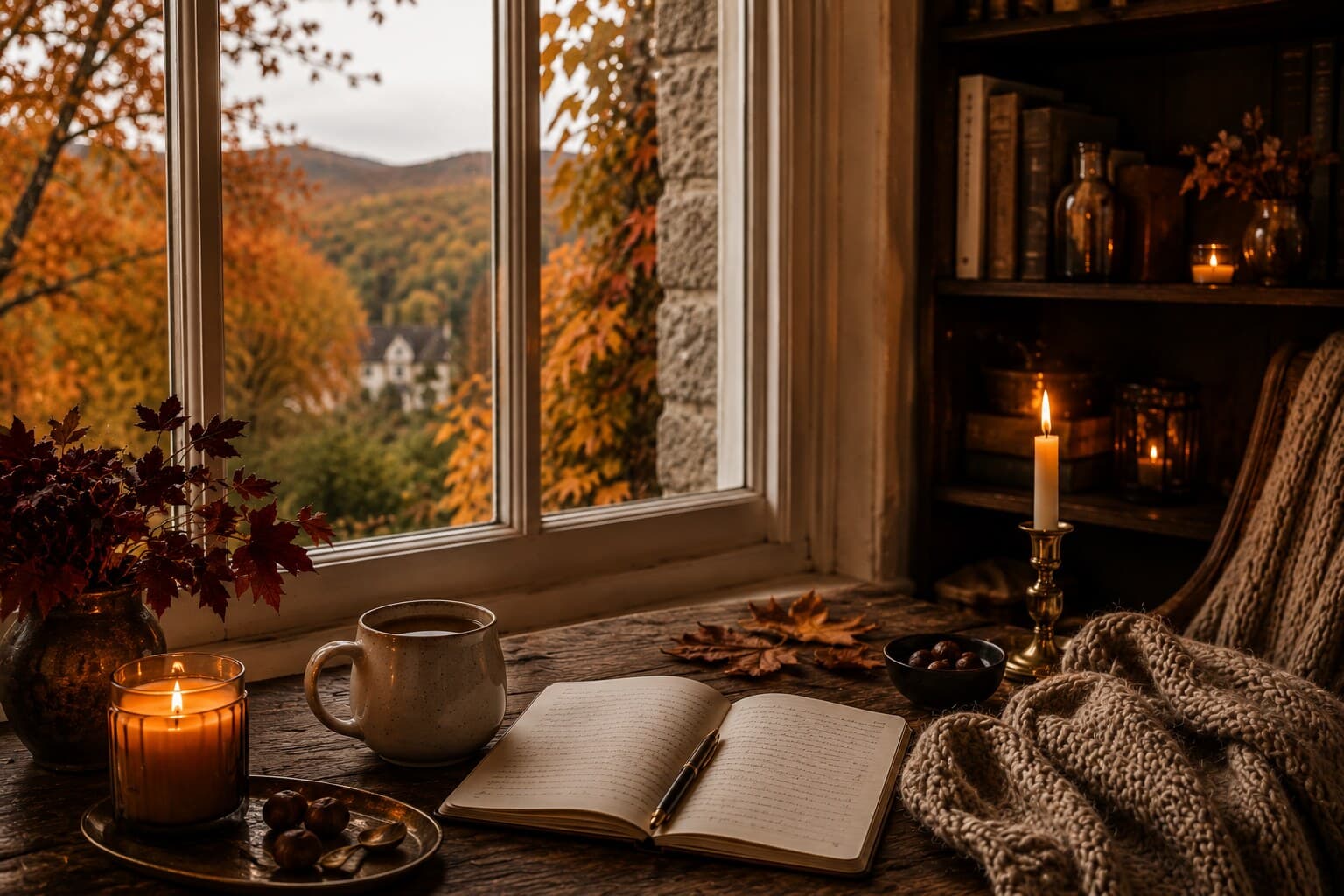 A candlelit window nook looking out over autumn trees, with a stack of books, an open journal, coffee and a knitted throw arranged for a quiet evening.