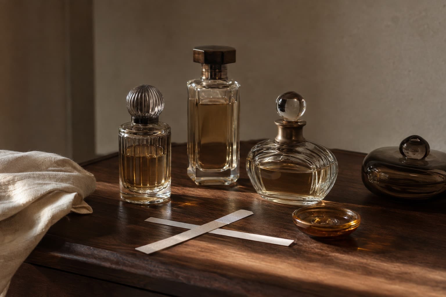 Three unbranded glass perfume bottles, two crossed paper scent blotters, a small amber glass dish and a smoked glass lid arranged on a dark wood surface in warm late-afternoon light.