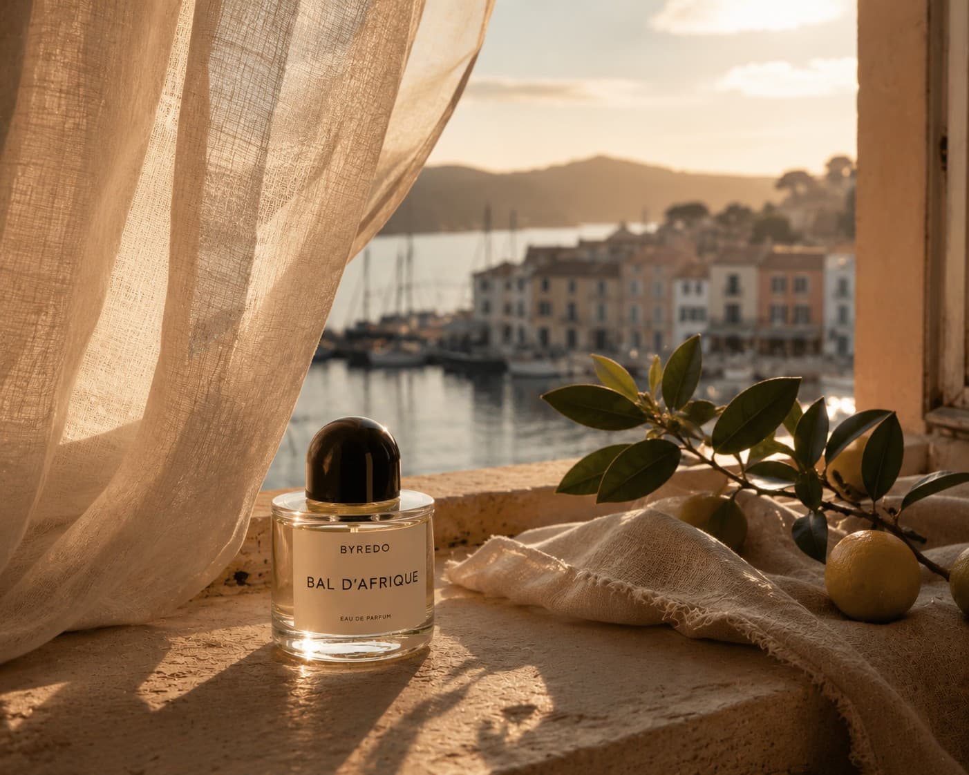 A Byredo Bal d’Afrique perfume bottle on a sunlit stone windowsill, sheer linen curtain blowing beside it, a harbour view with boats in the background.