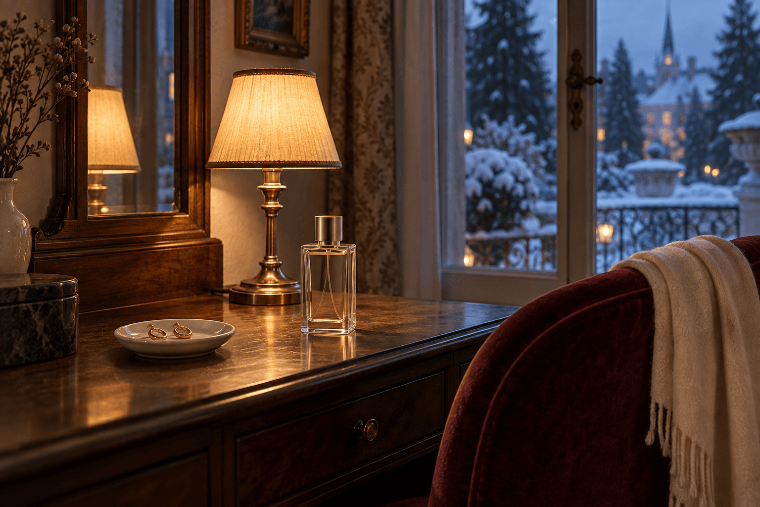 A plain perfume bottle, earrings and a shaded lamp on a wooden dressing table beside a winter window.