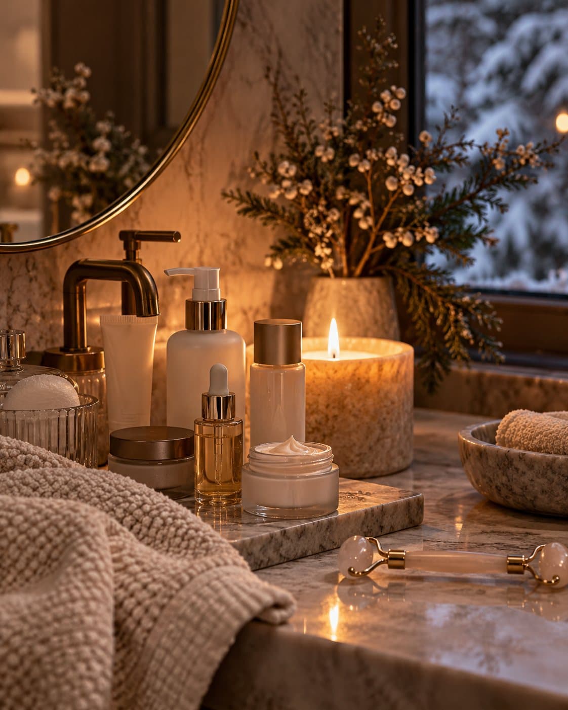 Candlelit marble bathroom shelf with unlabelled skincare bottles, a cream jar and a facial roller, a knitted towel and a snowy window behind.