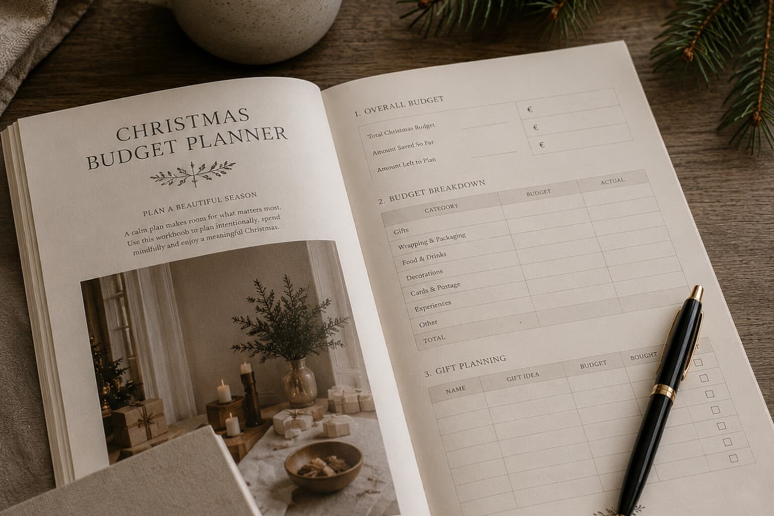 A Christmas budget workbook laid open on a table beside a cup of coffee, a pen and a small sprig of pine.