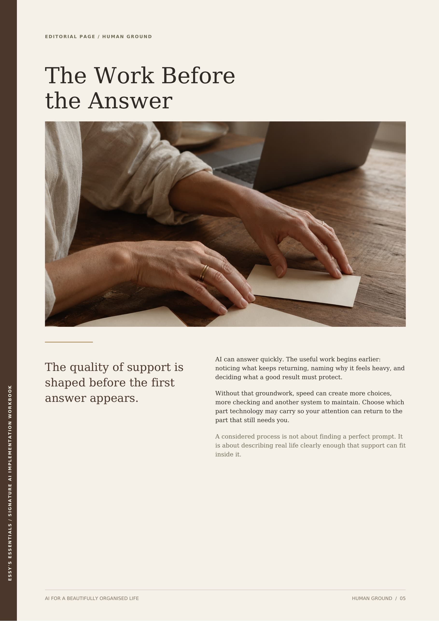 Editorial workbook page titled The Work Before the Answer with warm European photography and text about shaping useful AI support before the first answer.