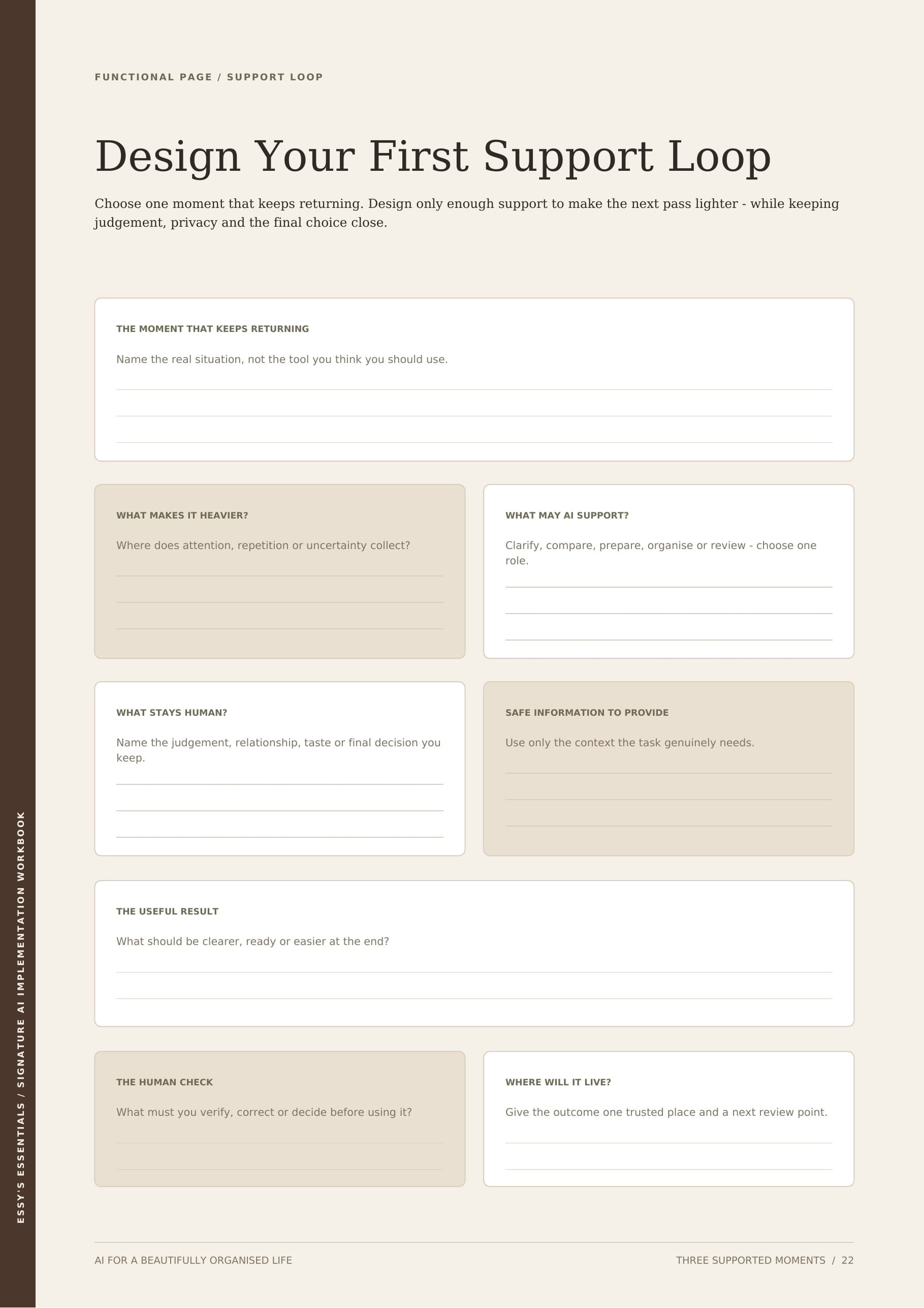 Workbook page titled Design Your First Support Loop with structured writing fields for a recurring moment, AI support, human judgement, safe context and a useful result.