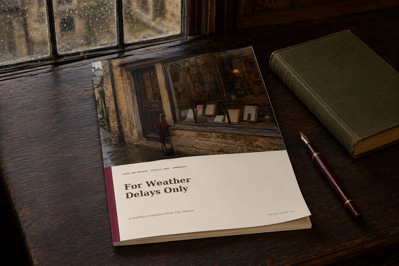 For Weather Delays Only reading companion on a dark desk beside a rainy bookshop window.
