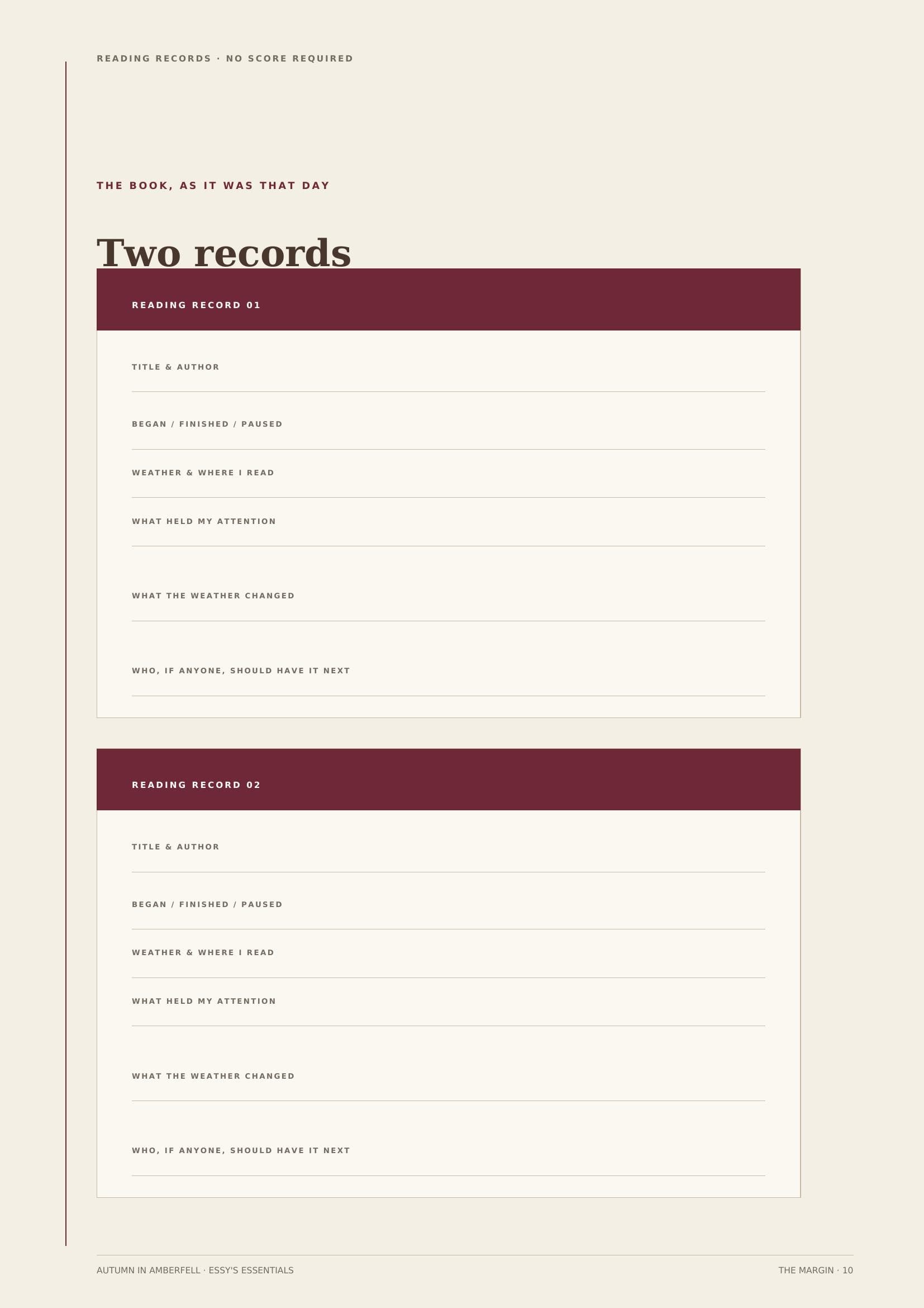 A blank reading record page, "Two records", with empty fields for title, dates, weather and what held your attention.