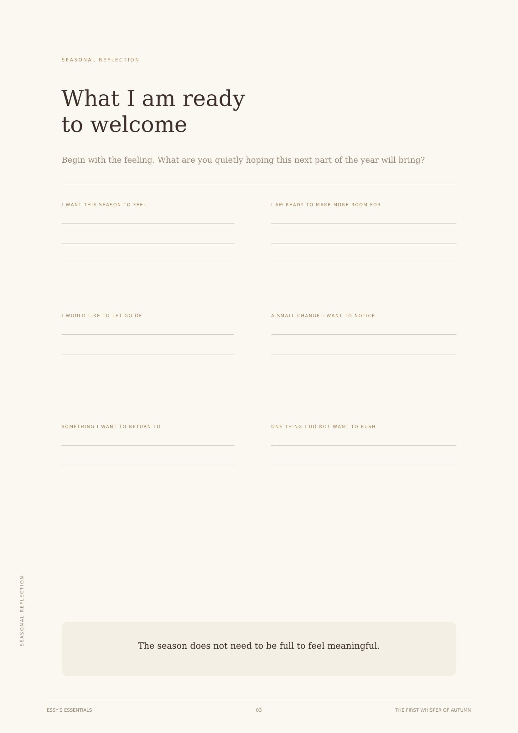 Journal page 'Seasonal Reflection' with blank prompts: 'What I am ready to welcome', 'I want this season to feel', 'I would like to let go of'.