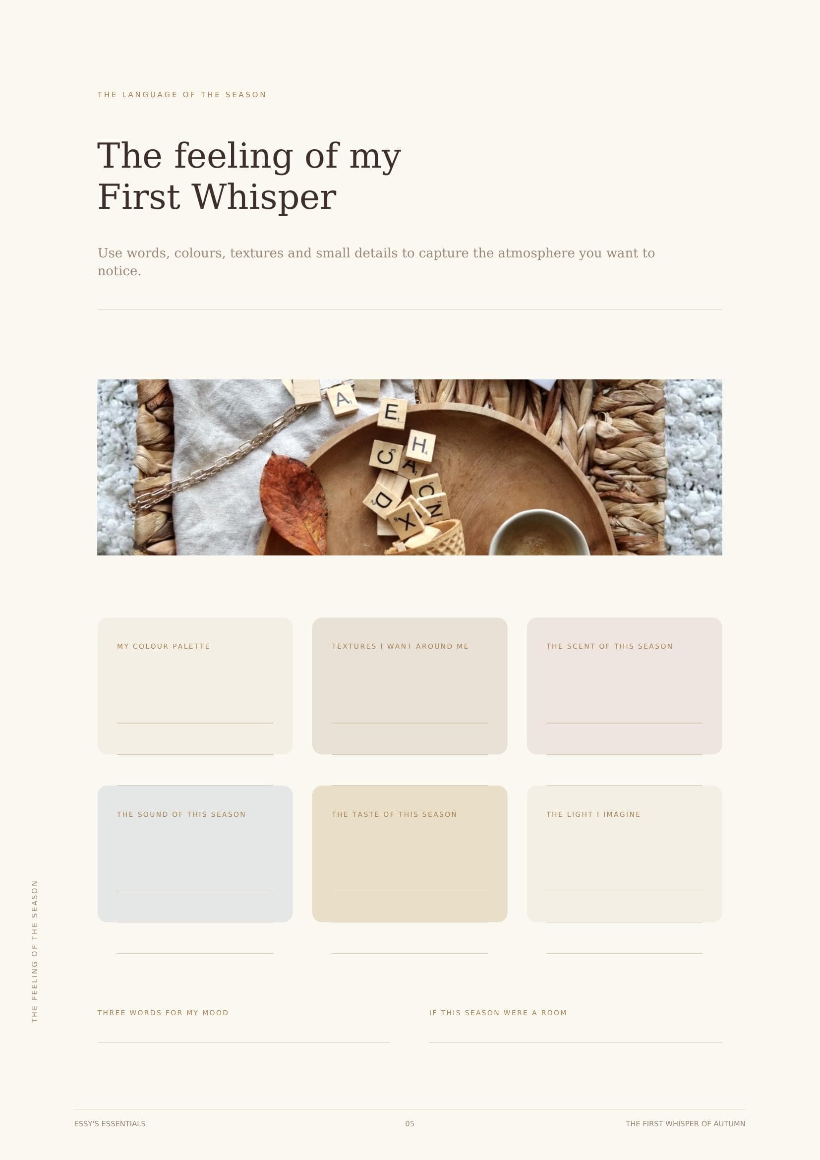 Journal page 'The Language of the Season' with blank fields for colour palette, textures, scent, sound and mood words.