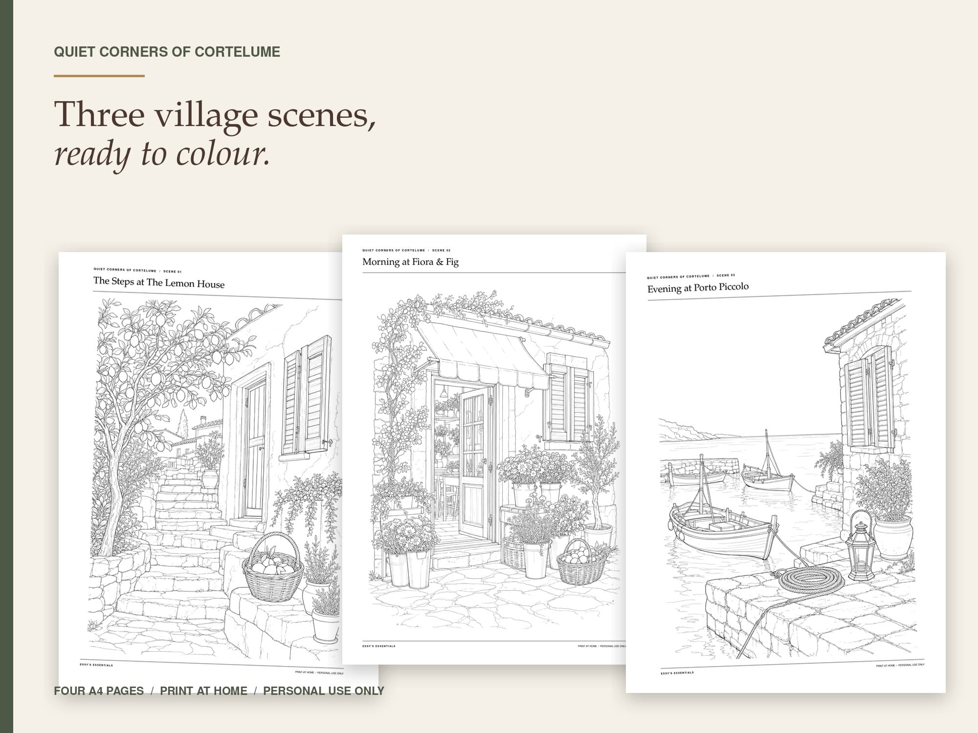 Preview of three black-and-white Cortelume colouring scenes: The Lemon House, Fiora & Fig and Porto Piccolo.