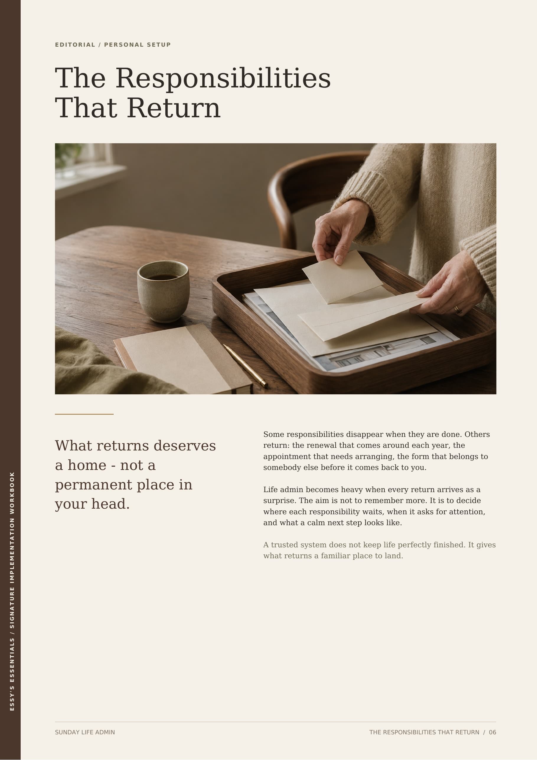 Editorial workbook page titled The Responsibilities That Return with warm European photography and text about giving recurring responsibilities a trusted home.