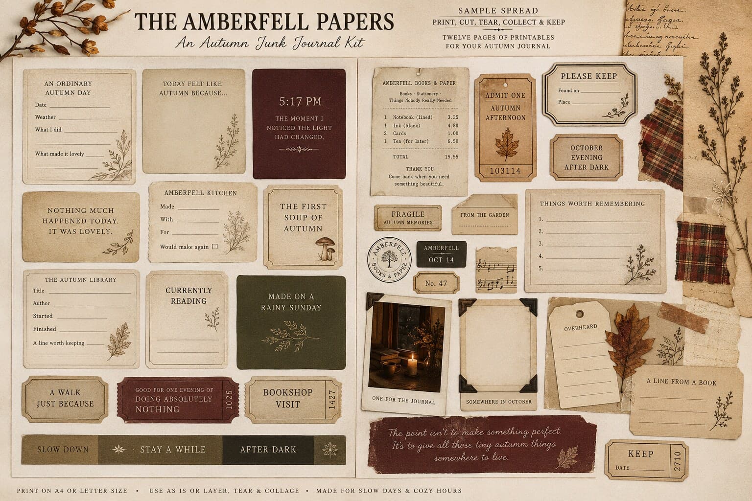 A sample spread from The Amberfell Papers autumn junk journal kit - printable tags, tickets, labels and small cards for keeping an autumn journal.
