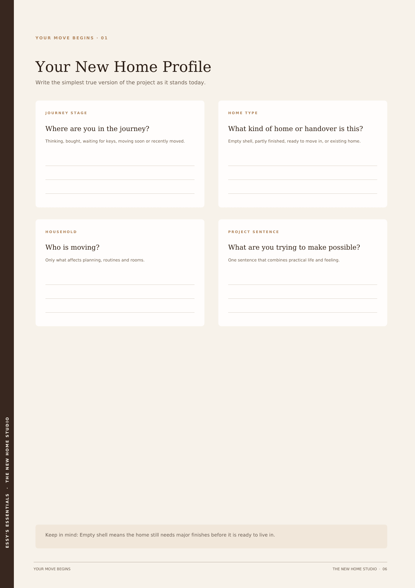 Sample workbook spread: Your New Home Profile and Project at a Glance.