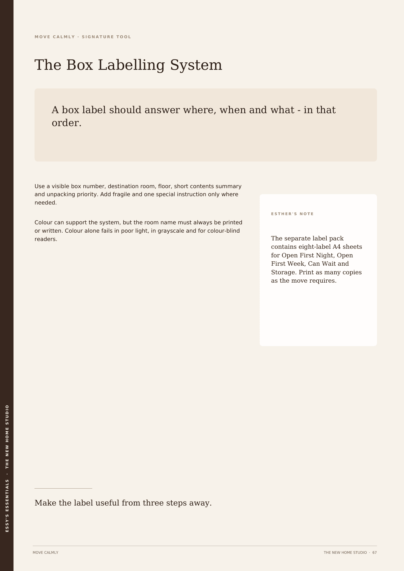 Sample workbook spread: the Box Labelling System and Box Index.