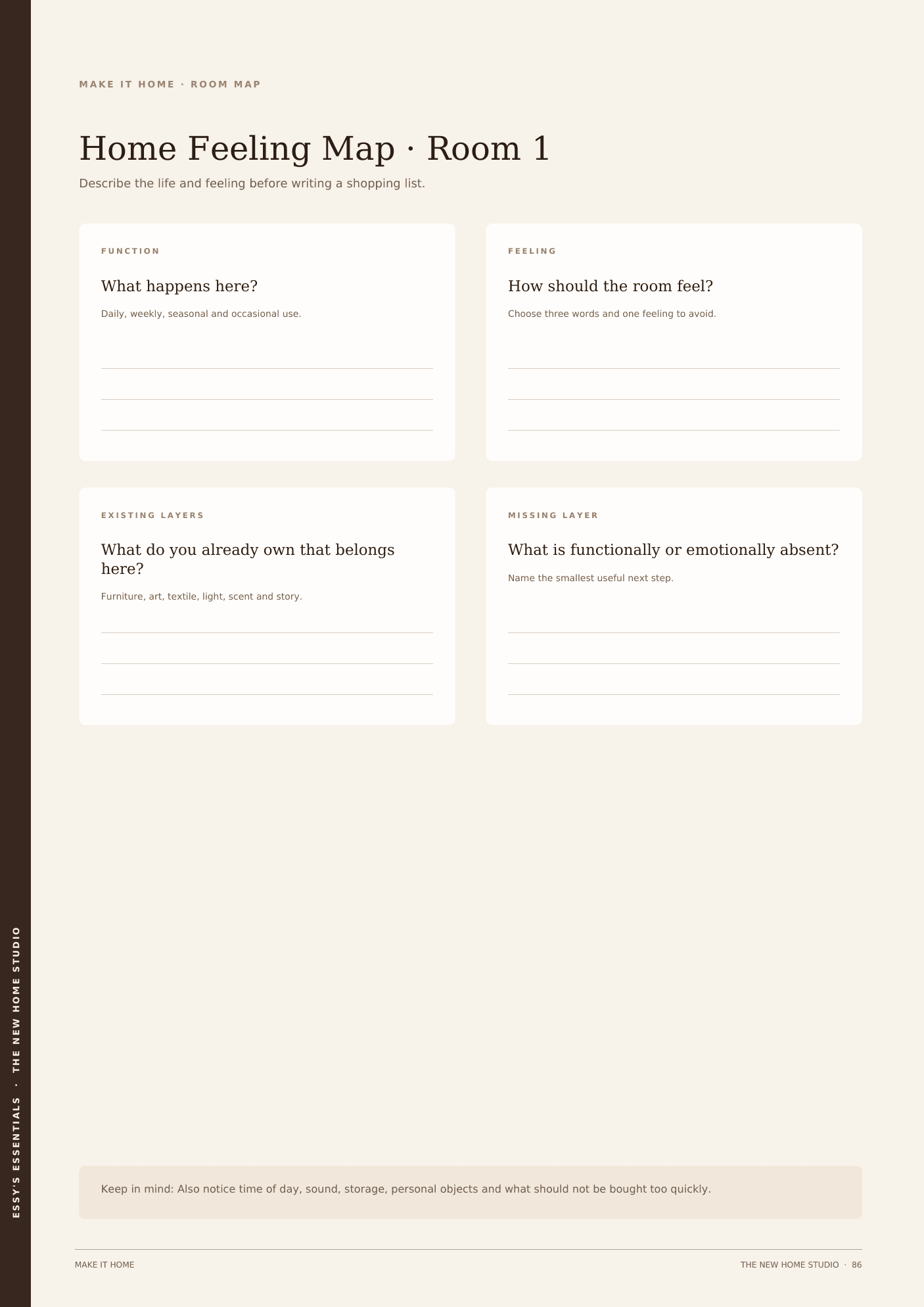 Sample workbook spread: a Home Feeling Map and the First 30 Days.