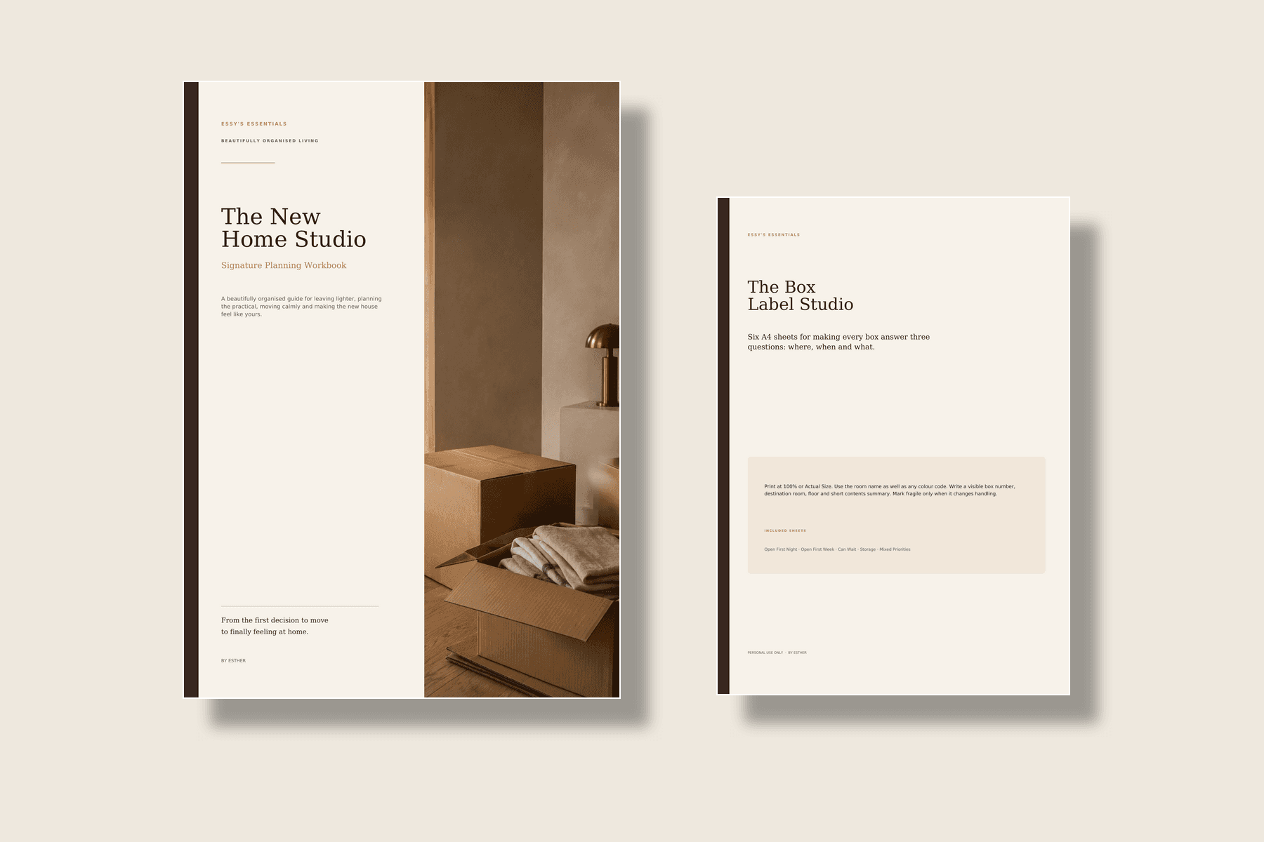 The New Home Studio: a 97-page workbook and printable Box Label Studio shown together with sample interior spreads.