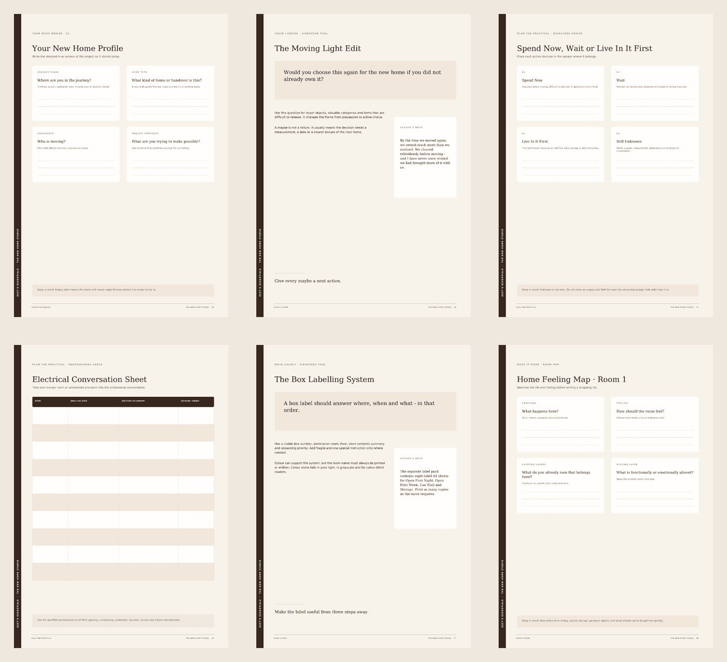 Six sample spreads from The New Home Studio workbook, shown side by side.