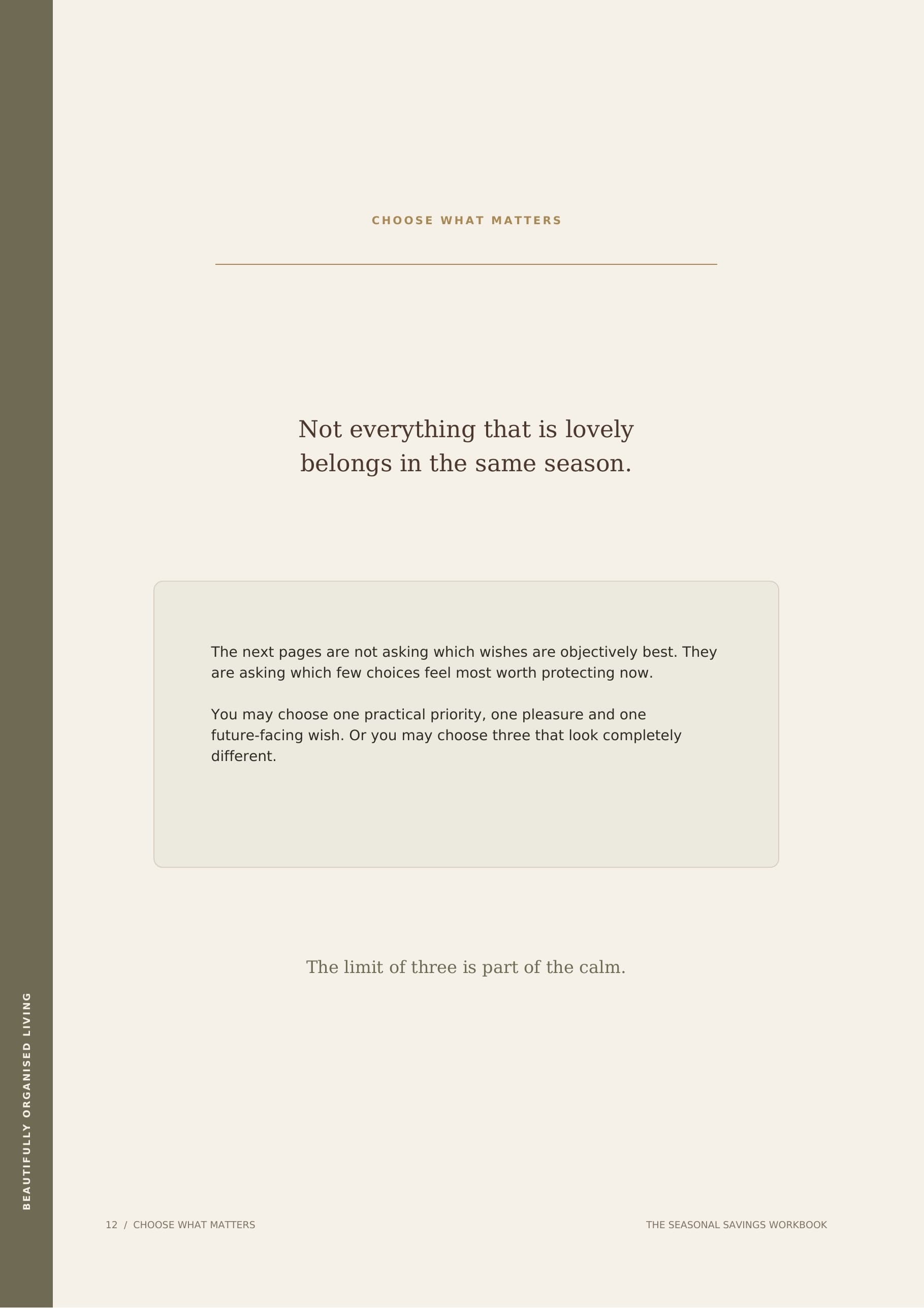 Editorial page from The Seasonal Savings Workbook reading 'Not everything that is lovely belongs in the same season.'