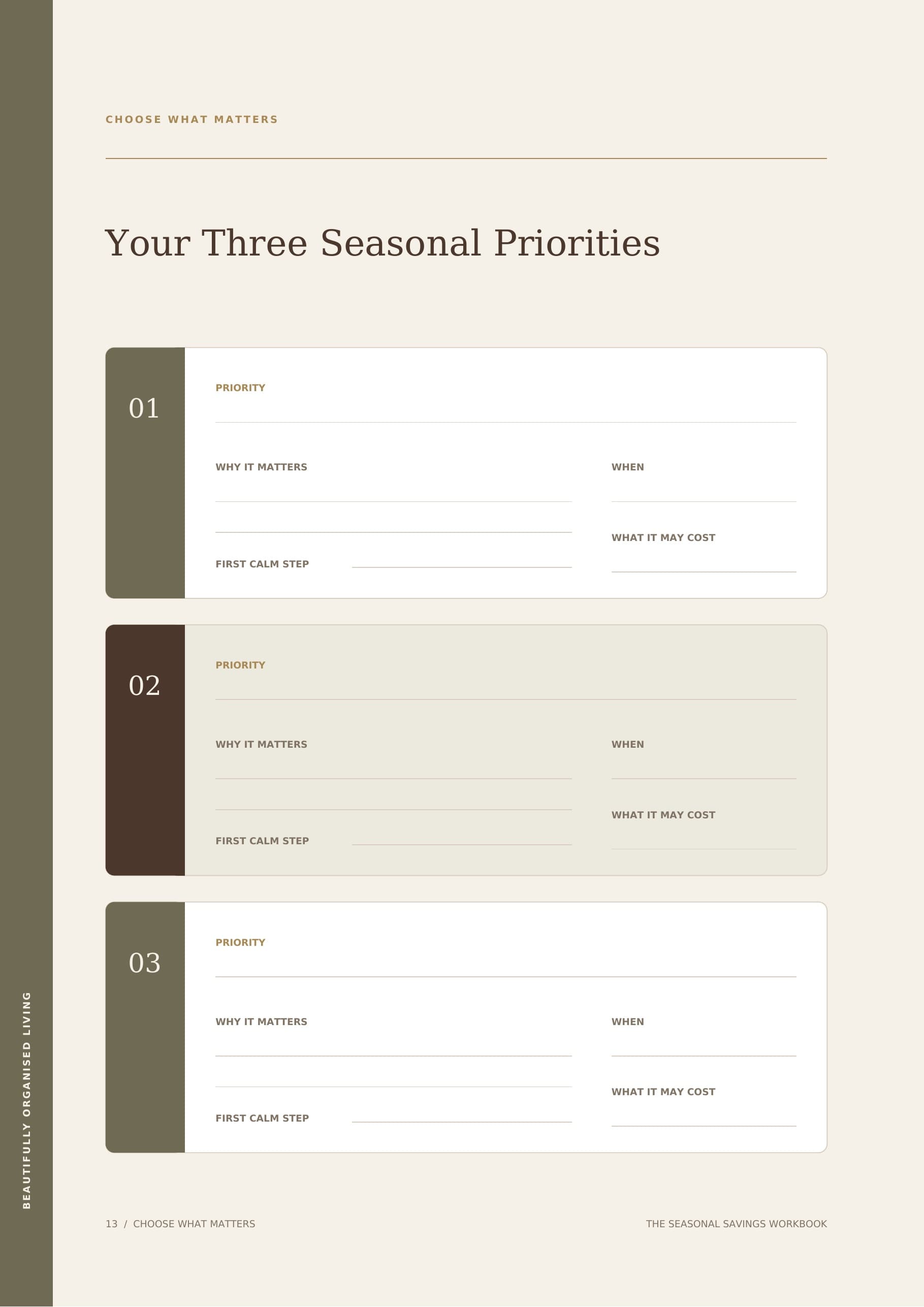 Workbook page titled 'Your Three Seasonal Priorities' with three structured writing sections.