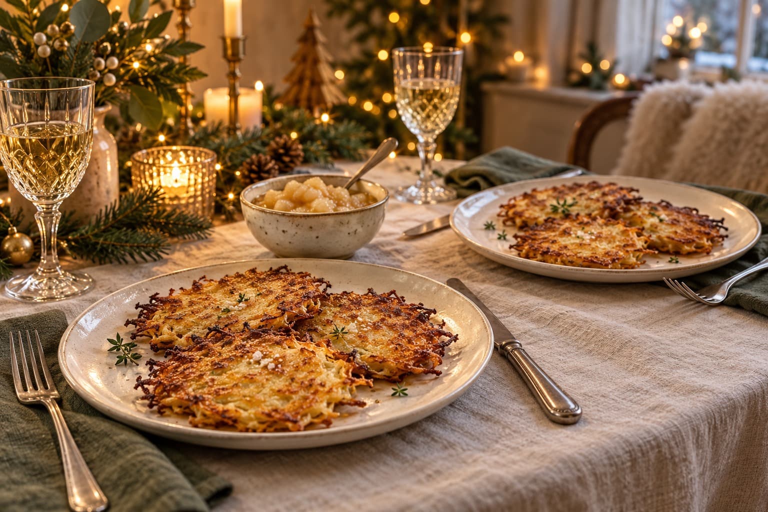 Crisp potato pancakes and applesauce on a candlelit Christmas table for two.