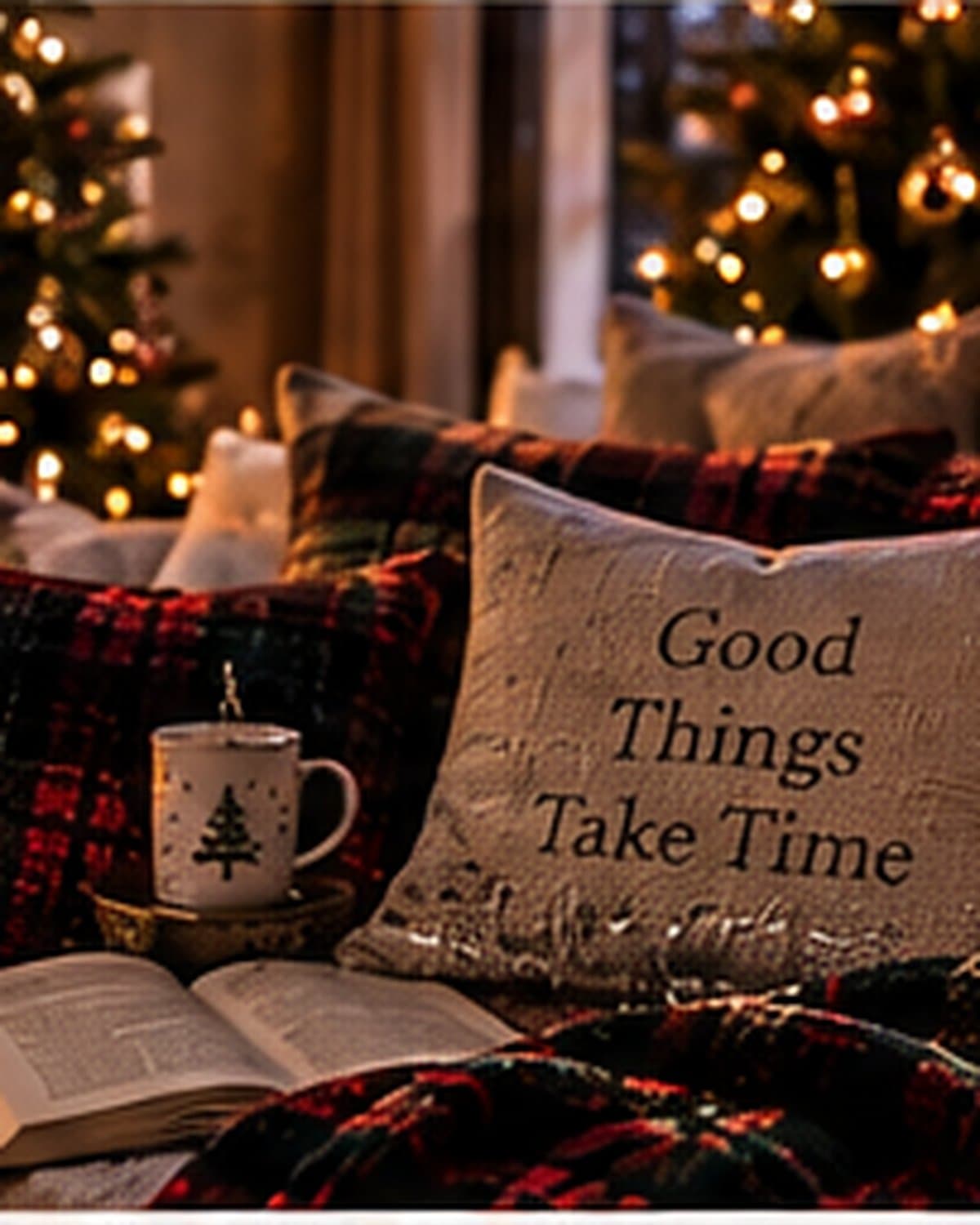 A warmly lit Christmas living room in the evening, tree lights glowing and the rest of the room soft and dim.