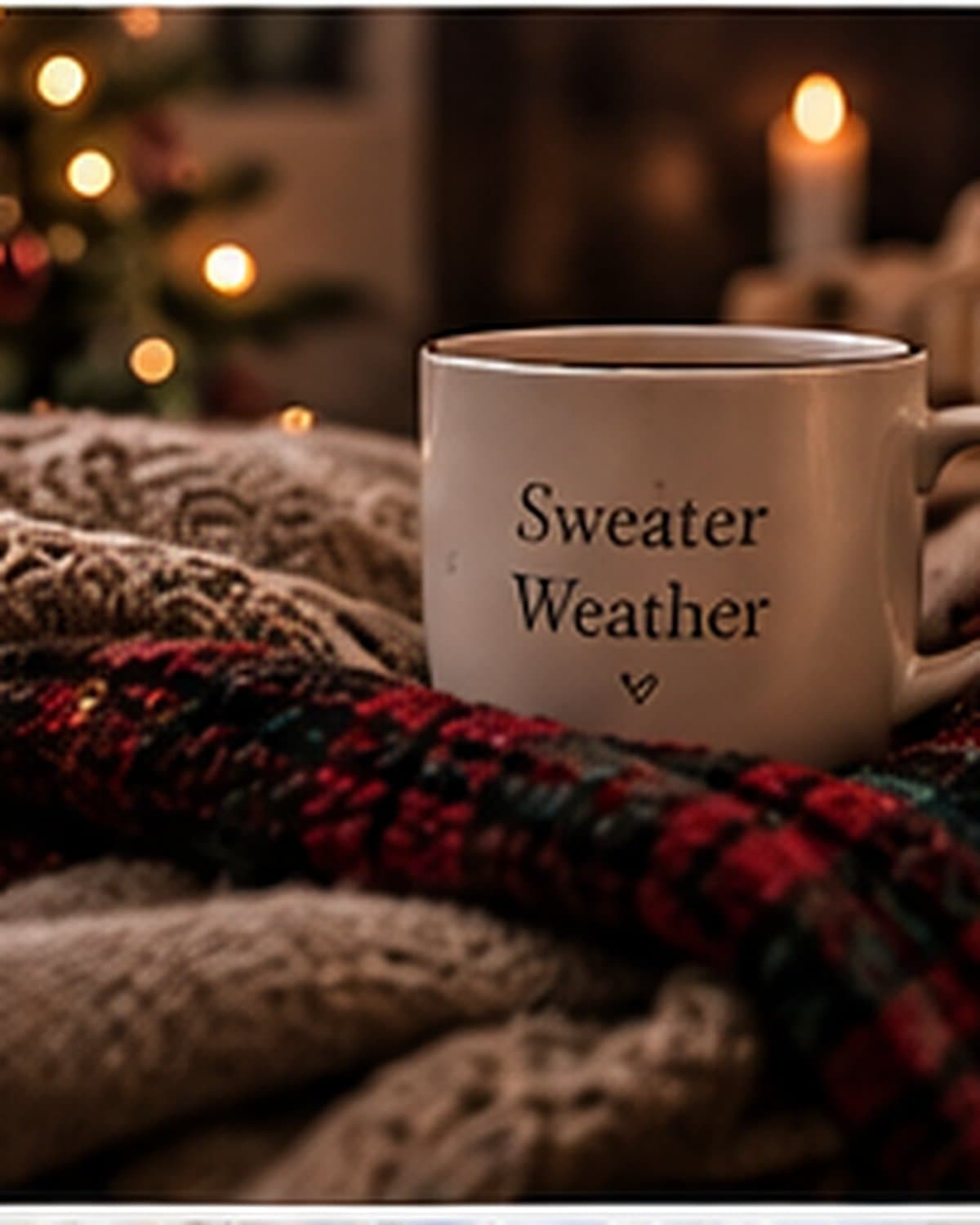 A cosy sofa set up for a Christmas movie night, with a blanket, a snack bowl and warm tree lights glowing in low light.