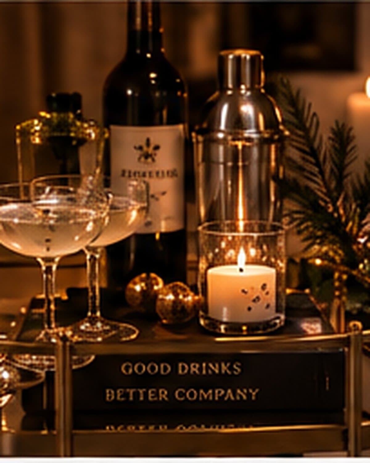 An informal Christmas Eve grazing table with bread, cheeses, small bowls and candles scattered across it.