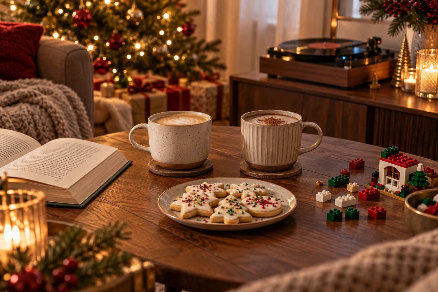 Coffee, hot chocolate and iced Christmas biscuits beside a book and building bricks, with a record player and tree lights behind.