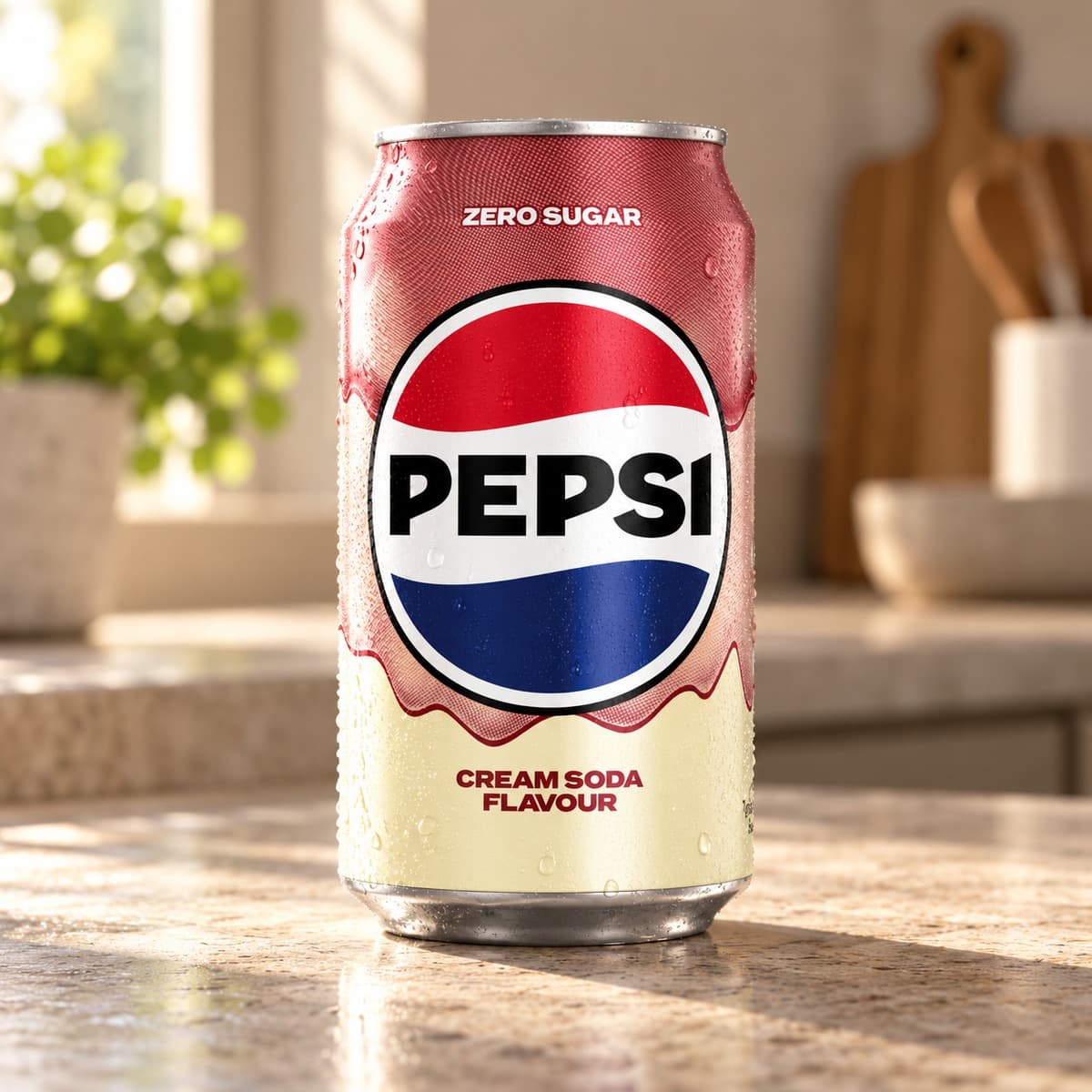 A can of Pepsi Zero Sugar Cream Soda Flavour on a kitchen counter.