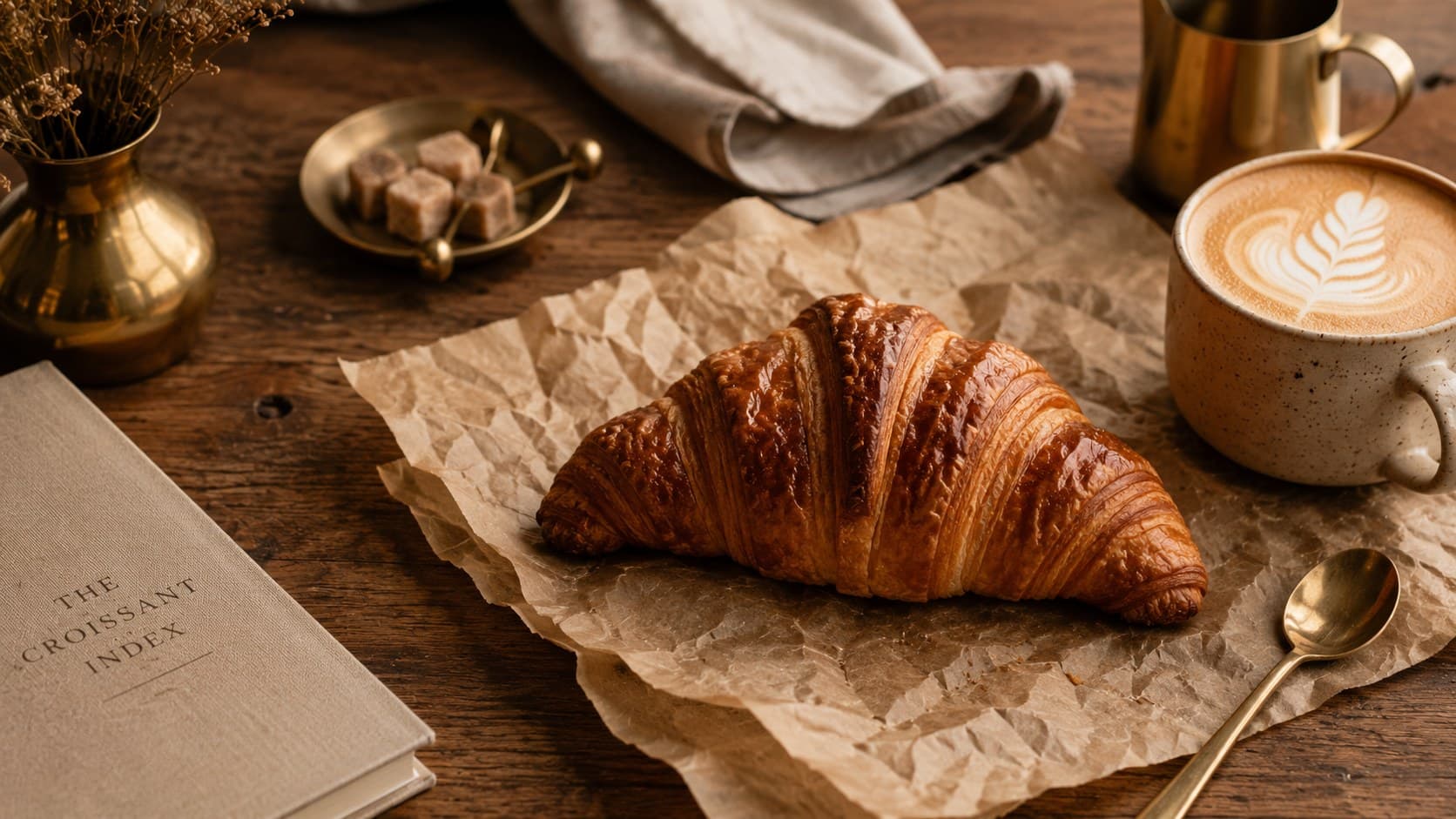 A croissant on warm bakery paper with a coffee cup and fine brass editorial details.