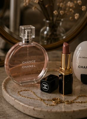 Chanel Chance perfume and a Chanel lipstick beside gold chain jewellery, arranged on a speckled marble tray.